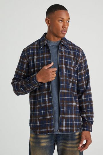 Long Sleeve Check Zip Overshirt navy