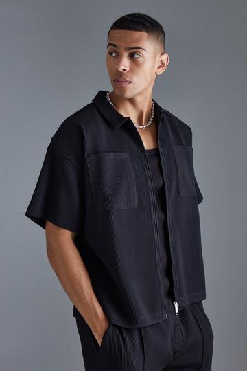 Pleated Boxy Zip Through Collared Short Sleeve Shirt black