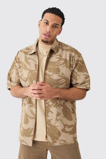 Khaki Oversized Boxy Ripstop Zip Through Camo Shirt