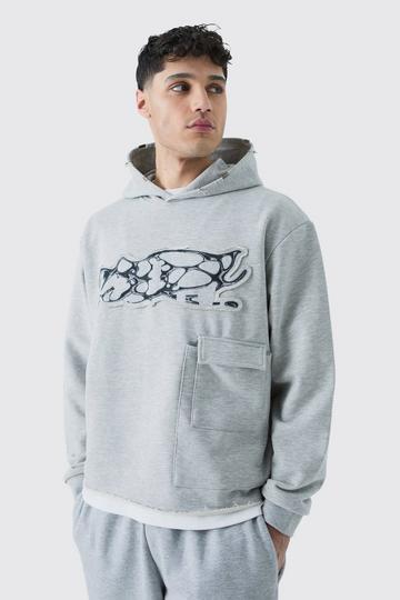 Oversized Boxy Heavy Distressed Applique Hoodie grey marl