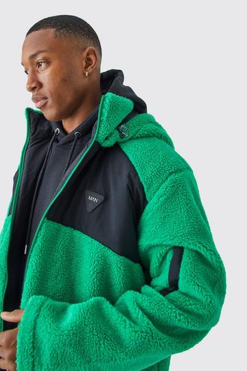 Borg & Nylon Mix Jacket With Hood green