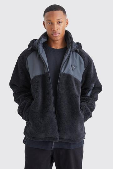 Borg & Nylon Mix Jacket With Hood black