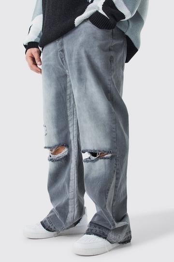 Grey Plus Relaxed Rigid Gusset Flare Washed Ripped Jeans