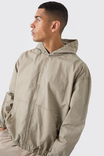 Branded Plaque Detail Twill Hooded Overshirt stone