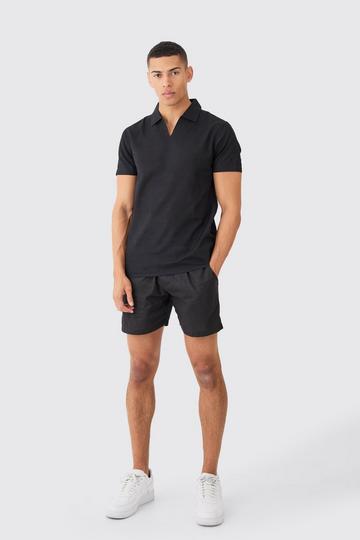 Short Sleeve Linen Overhead V Neck Shirt black