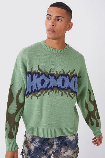 Sage Green Boxy Homme Graffiti Knitted Jumper