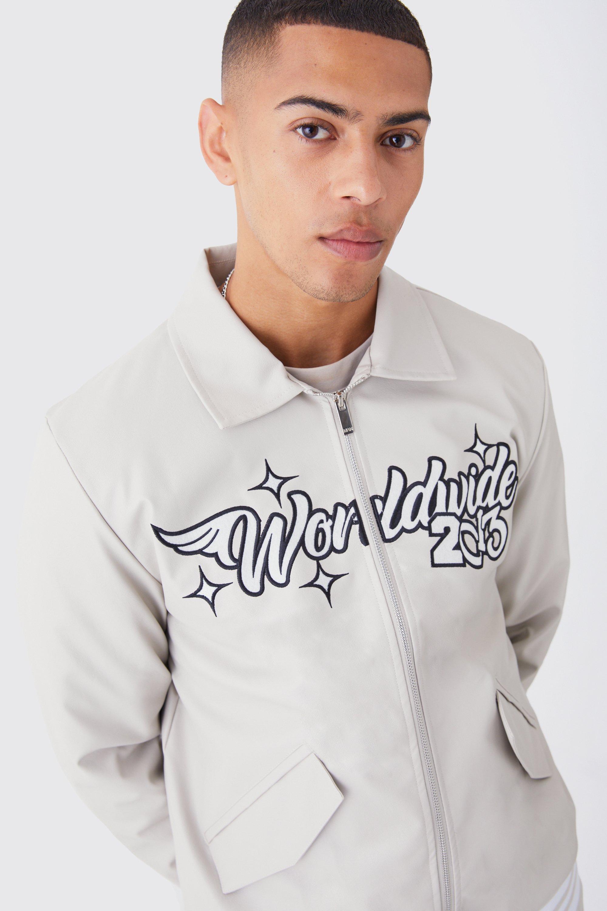 Faux Leather Pour Homme Varsity Jacket boohoo