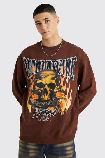 Chocolate Brown Oversized Skull Graphic Sweatshirt