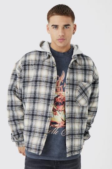 Oversized Detachable Hood Quilted Check Shirt multi