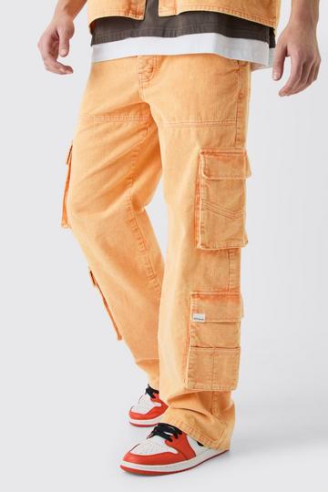 Orange Baggy Multi Pocket Acid Wash Cord Trouser In Orange