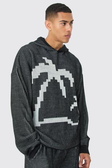 Oversized Boxy Palm Ribbed Knitted Hoodie black