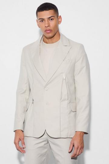 Stone Beige Skinny Fit Zip Hem Suit Jacket