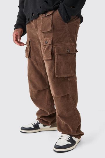Brown Plus Fixed Waist Cord Relaxed Leg Cargo Trouser