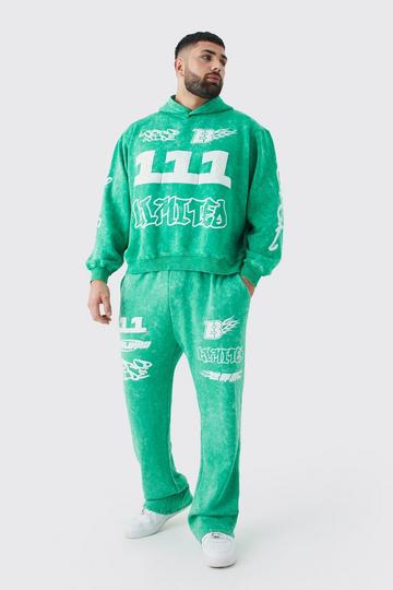 Plus Oversized Boxy Ribbed Puff Print Hooded Tracksuit green