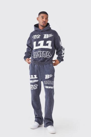 Black Tall Oversized Boxy Ribbed Puff Print Wash Hooded Tracksuit