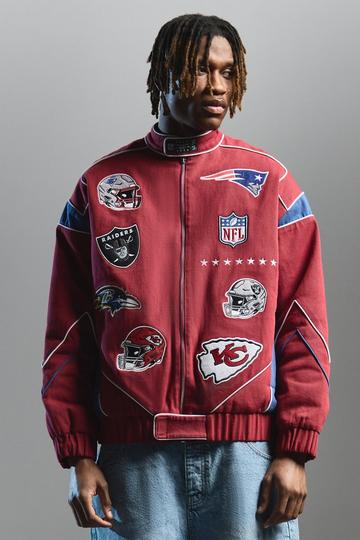 Red Nfl Oversized Moto Pu Jacket With Applique Badges