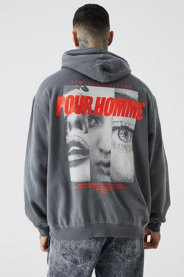 Tall Oversized Pour Homme Acid Wash Graphic Hoodie black