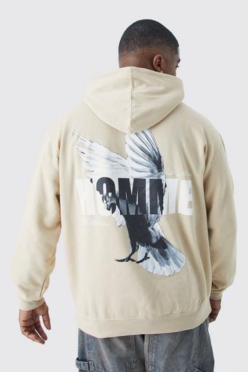 Plus Oversized Homme Dove Back Print Graphic Hoodie sand
