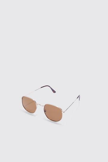 Brown Hexagonal Metal Sunglasses