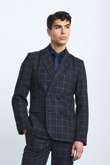 Black Window Check Double Breasted Slim Fit Blazer