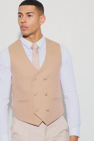 Tan Brown Textured Double Breasted Waistcoat