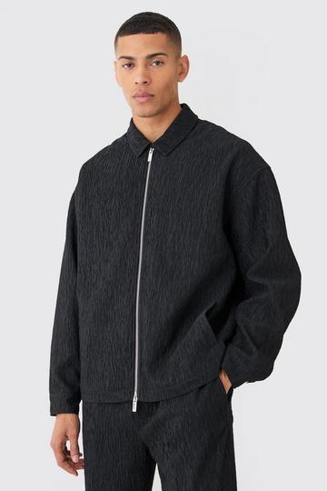 Textured Satin Zip Up Harrington Jacket black