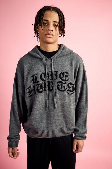 Boxy Knitted Hoodie With Gothic Font Graphic charcoal