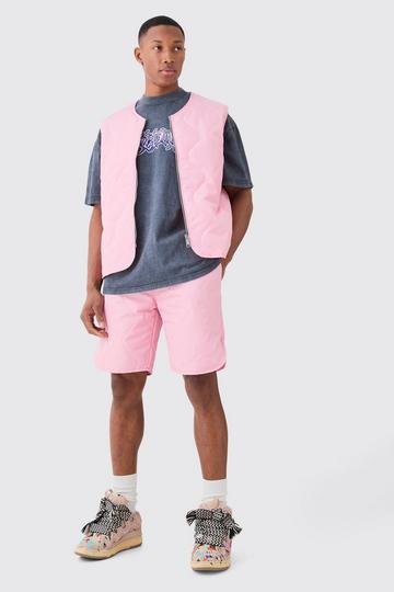 Pink Quilted Liner Gilet And Short Set