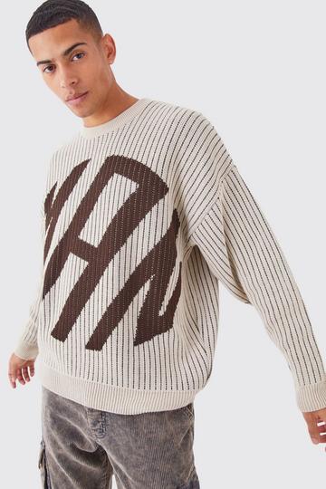 Oversized Ribbed Knitted Crew Neck Jumper stone