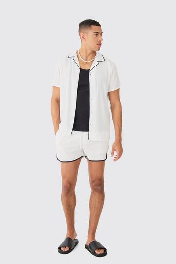 White Short Sleeve Plain Piping Shirt & Swim Set