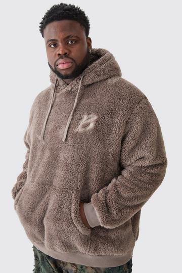 Plus Oversized Embroidered Borg Hoodie taupe