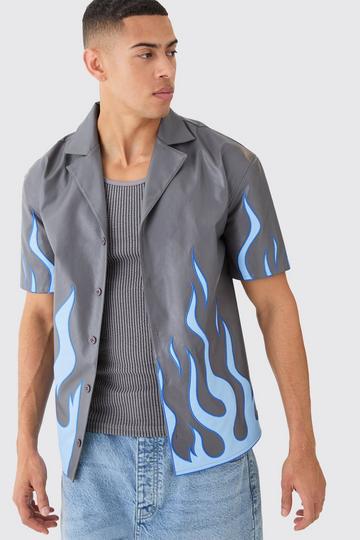 Short Sleeve Dropped Revere Pu Flame Shirt charcoal