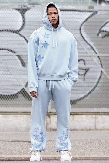 Oversized Acid Wash Denim Stars Applique Tracksuit blue