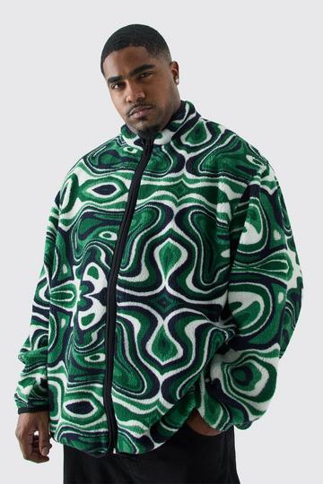 Plus Oversized Abstract Print Borg Funnel Neck Jacket green