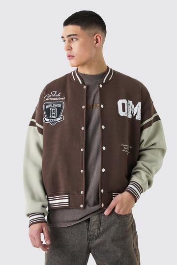 Boxy Embroidered Jersey Varsity Jacket brown