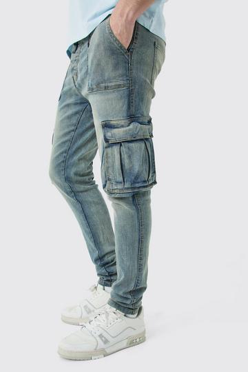 Mens Tall Skinny Fit Worker Detail Cargo Jeans antique blue