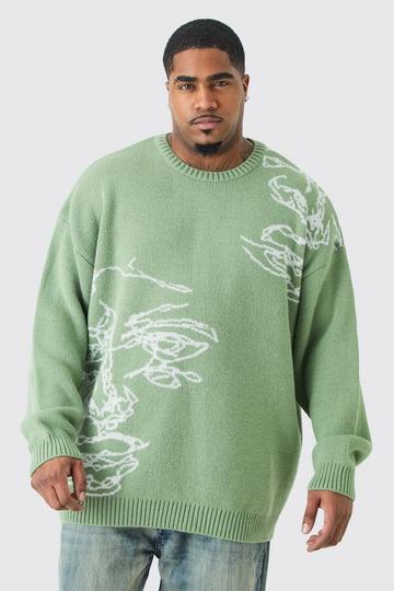Plus Oversized Knitted Line Drawing Drop Shoulder Jumper green