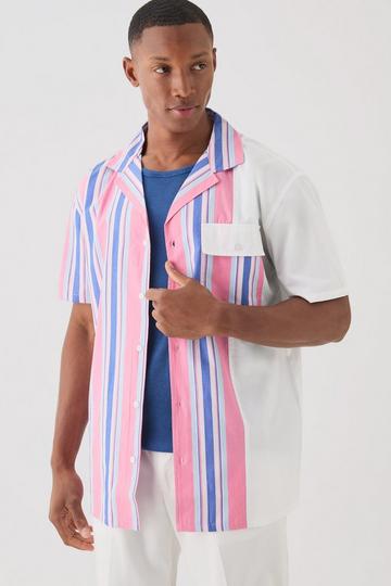 Pink Short Sleeve Spliced Stripe Shirt