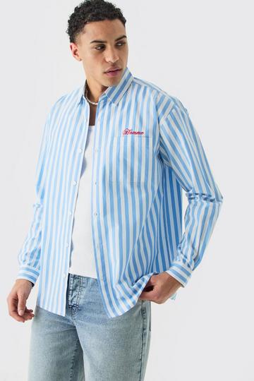 Long Sleeve Oversized Embroidered Stripe Shirt blue