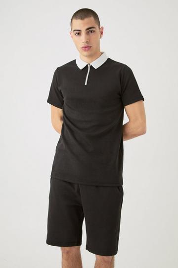 Black Slim Fit 1/4 Zip Polo And Short Set