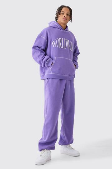 Oversized Boxy Worldwide Contrast Stitch Hooded Tracksuit purple
