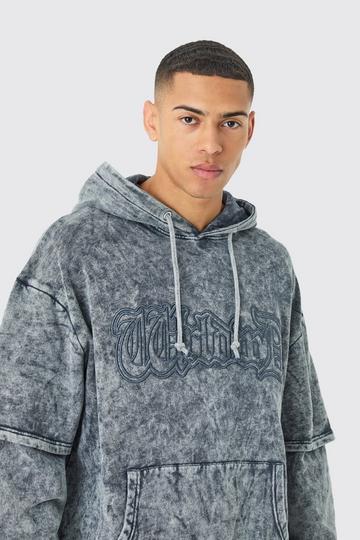 Oversized Faux Layer Acid Wash Embroidered Hoodie charcoal