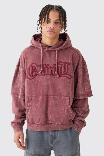 Oversized Boxy Faux Layer Acid Wash Ofcl Embroidered Hoodie dusky pink
