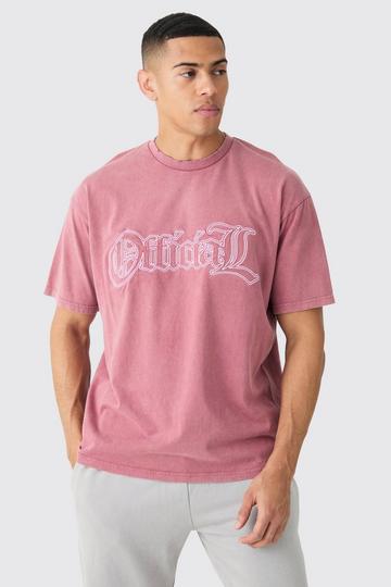 Pink Oversized Acid Wash Official Embroidered Distressed T-shirt