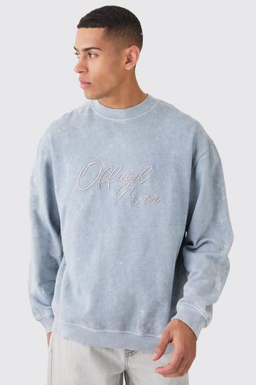 Oversized Extended Neck Acid Wash Embroidered Man Sweatshirt light grey