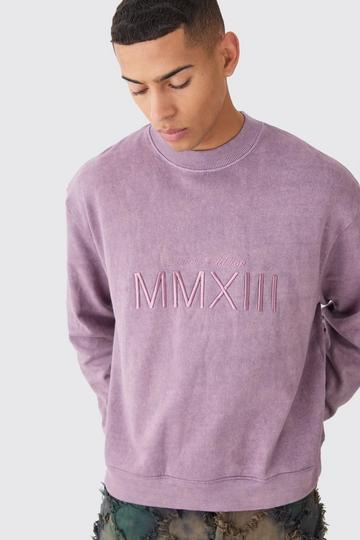 Purple Oversized Extended Neck Acid Wash Embroidered Sweatshirt