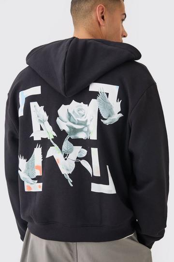 Oversized Boxy Zip Through Rose Embroidered Hoodie black
