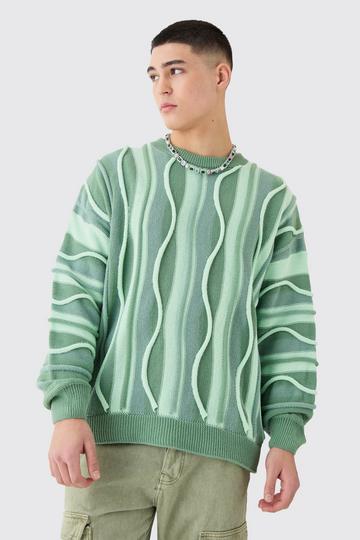Sage Green Oversized 3d Jacquard Knitted Jumper