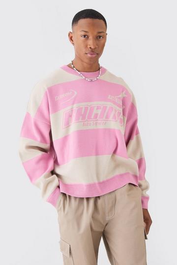 Pink Oversized Boxy Drop Shoulder Moto Knit Jumper