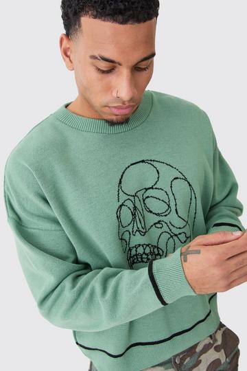 Sage Green Oversized Boxy Line Drawing Contrast Stitch Jumper